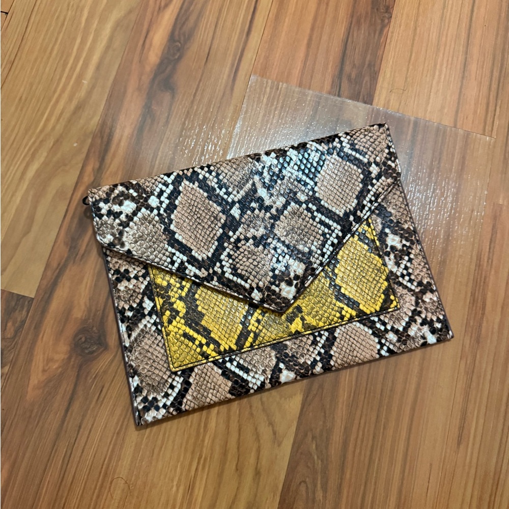 Mango Snake-Print Envelope Clutch in Brown and Yellow Accent